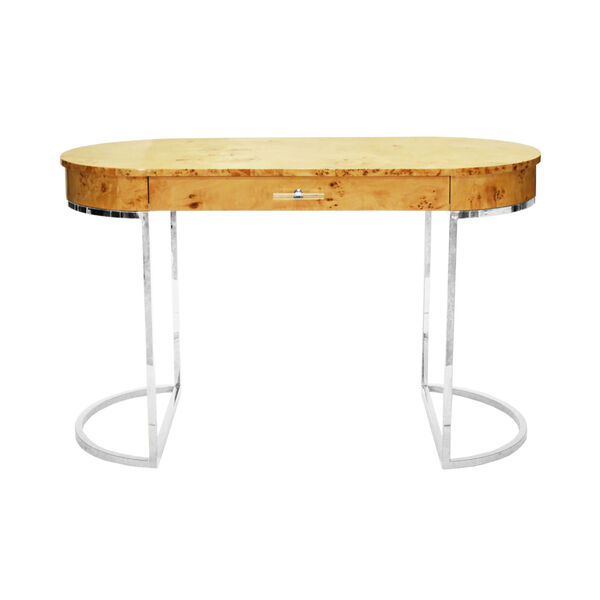 Glossy Burl Wood and Polished Nickel Oval Desk, image 2